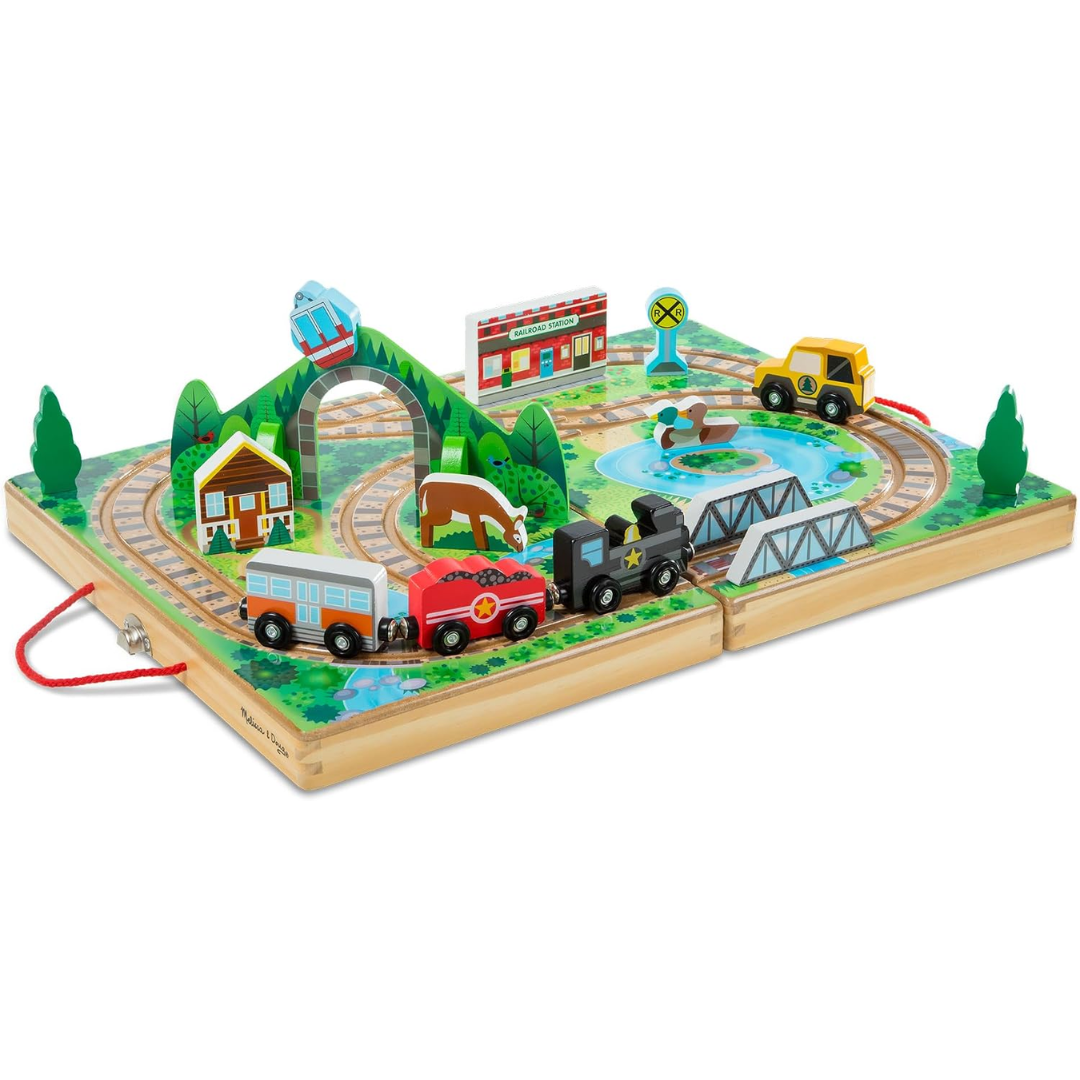 Melissa and Doug Take‑Along Tabletop Railroad – 17‑Piece Fold‑Out Train Set
