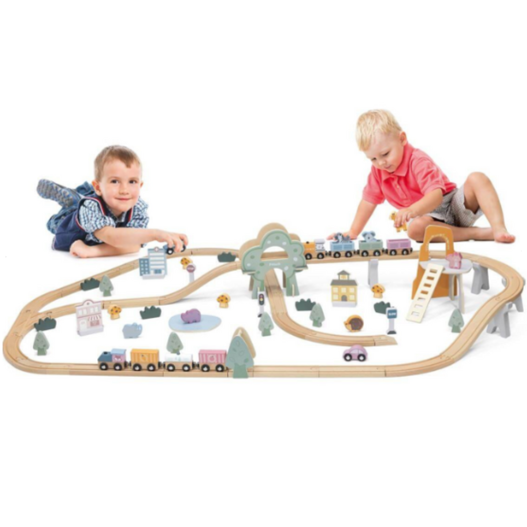 Wooden Train Set 92 Piece – City &amp; Railway Adventure Train