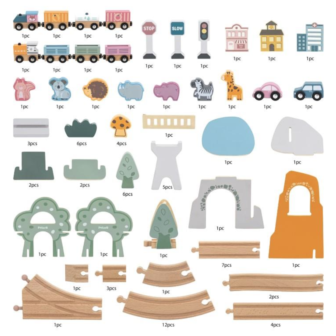 Wooden Train Set 92 Piece – City & Railway Adventure Train